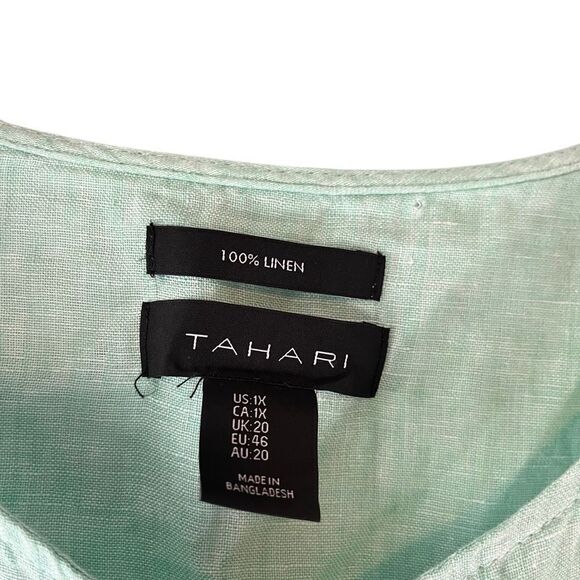 Tahari Top womens 1X Green Blue 100 % Linen Roll Tab Button Down Tunic Cottagcor - Picture 7 of 7